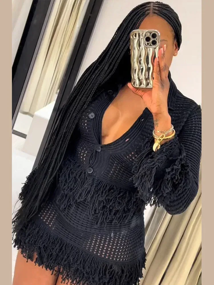 ADVBRIDGE  -  Retro Knitted Tassel Top Mini Skirt Set Women Elegant Hollow Out Single Breasted Tops A-lined Slim Skirts Sets Lady Chic Outfits
