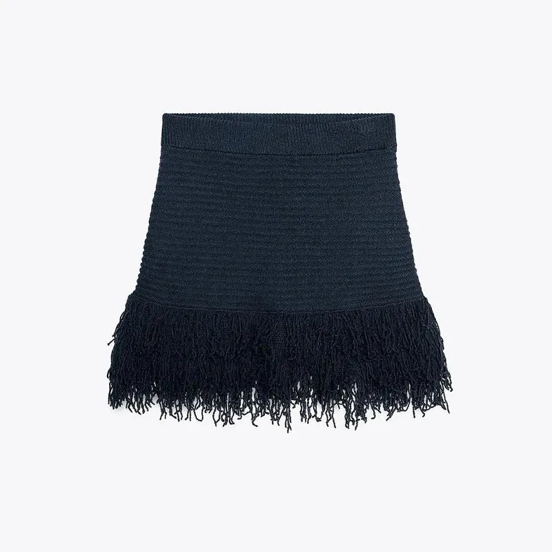 ADVBRIDGE  -  Retro Knitted Tassel Top Mini Skirt Set Women Elegant Hollow Out Single Breasted Tops A-lined Slim Skirts Sets Lady Chic Outfits