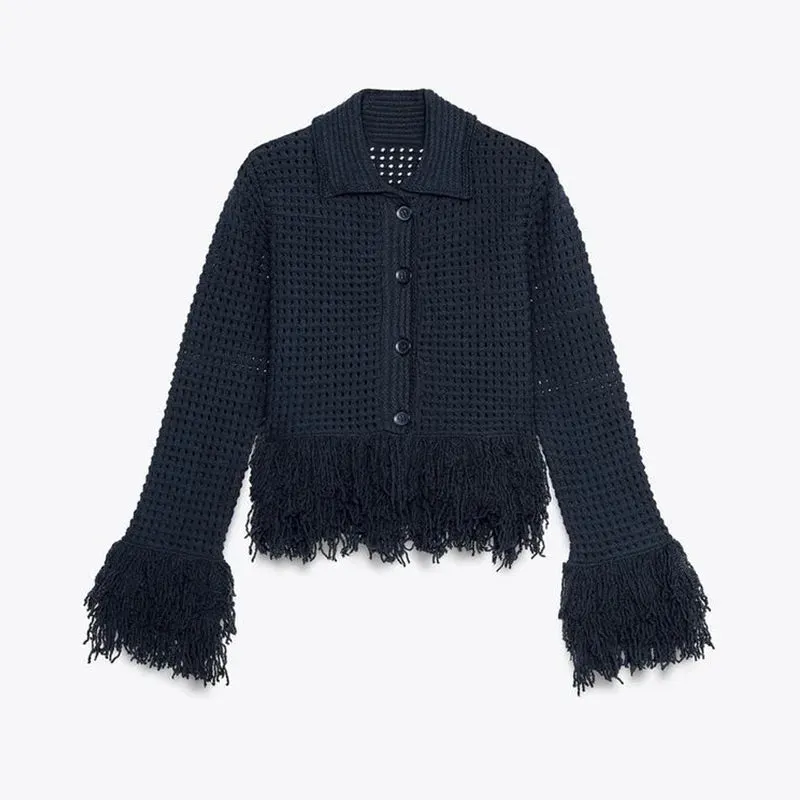 ADVBRIDGE  -  Retro Knitted Tassel Top Mini Skirt Set Women Elegant Hollow Out Single Breasted Tops A-lined Slim Skirts Sets Lady Chic Outfits