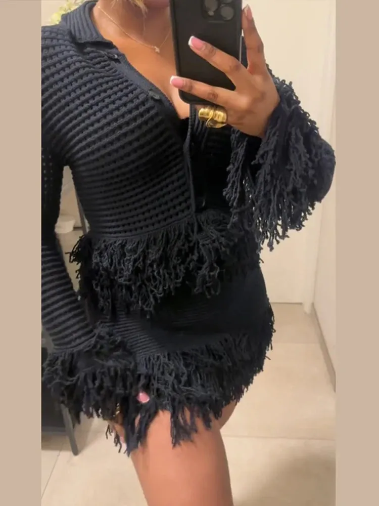ADVBRIDGE  -  Retro Knitted Tassel Top Mini Skirt Set Women Elegant Hollow Out Single Breasted Tops A-lined Slim Skirts Sets Lady Chic Outfits