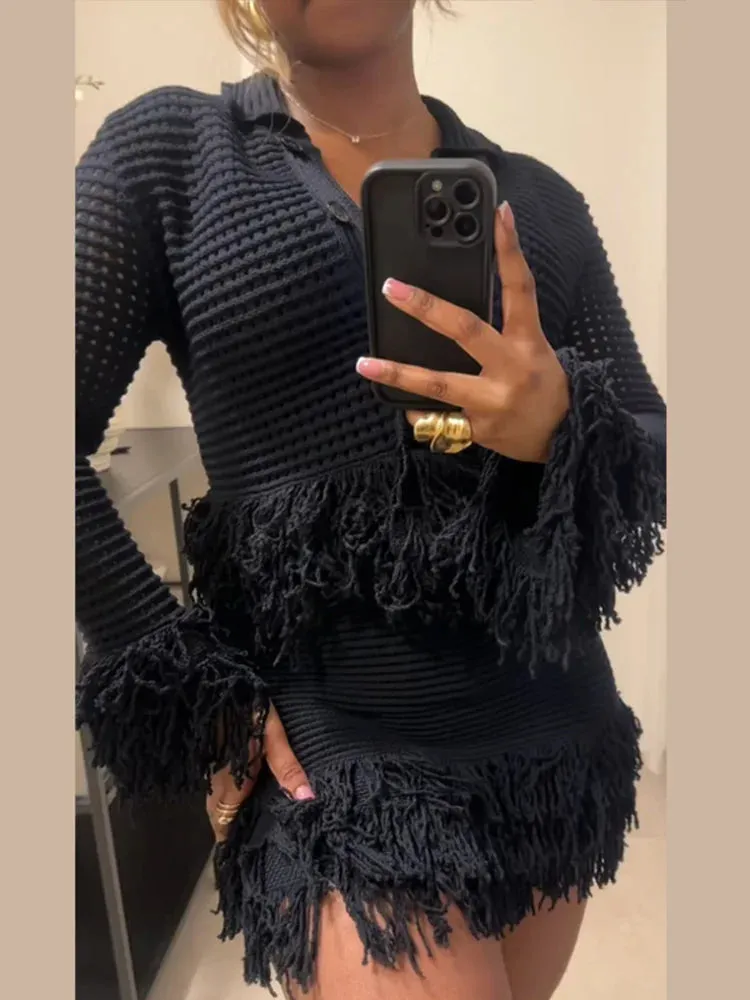 ADVBRIDGE  -  Retro Knitted Tassel Top Mini Skirt Set Women Elegant Hollow Out Single Breasted Tops A-lined Slim Skirts Sets Lady Chic Outfits