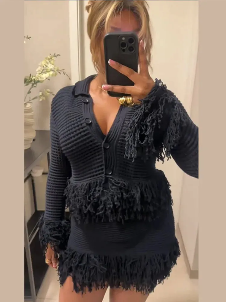 ADVBRIDGE  -  Retro Knitted Tassel Top Mini Skirt Set Women Elegant Hollow Out Single Breasted Tops A-lined Slim Skirts Sets Lady Chic Outfits