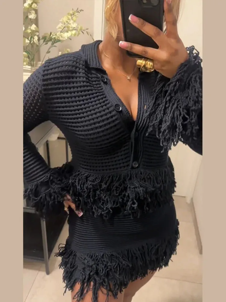 ADVBRIDGE  -  Retro Knitted Tassel Top Mini Skirt Set Women Elegant Hollow Out Single Breasted Tops A-lined Slim Skirts Sets Lady Chic Outfits