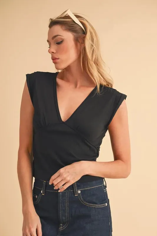 Aemi Co V-Neck Cap Sleeve Cropped Top