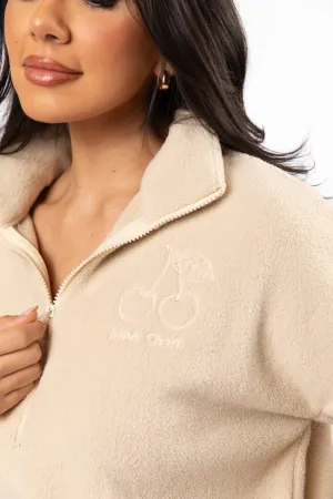 After Hours Mon Cheri Beige Embroidered Fleece Pullover FINAL SALE