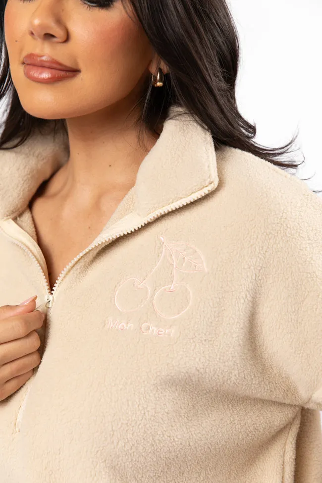 After Hours Mon Cheri Beige Embroidered Fleece Pullover FINAL SALE