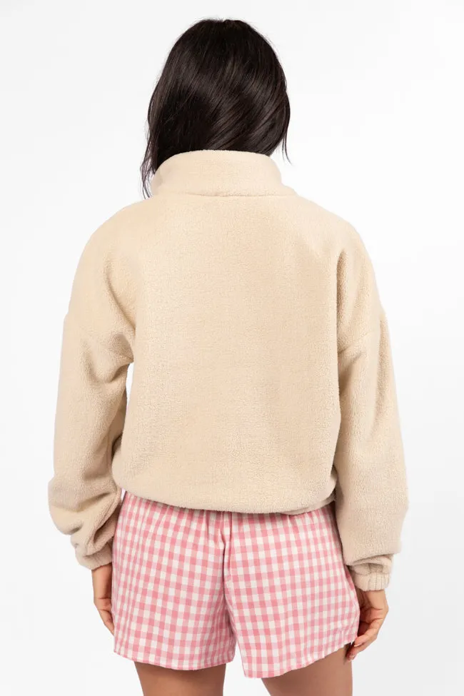 After Hours Mon Cheri Beige Embroidered Fleece Pullover FINAL SALE
