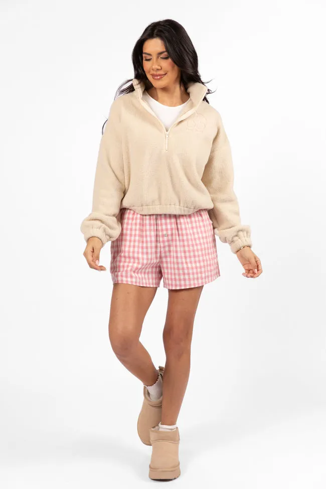 After Hours Mon Cheri Beige Embroidered Fleece Pullover FINAL SALE