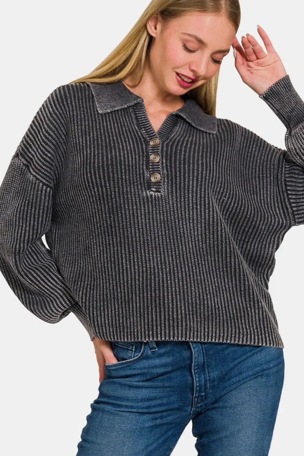 'Alexis' Washed Half Button Long Sleeve Sweater