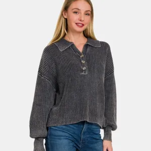 'Alexis' Washed Half Button Long Sleeve Sweater