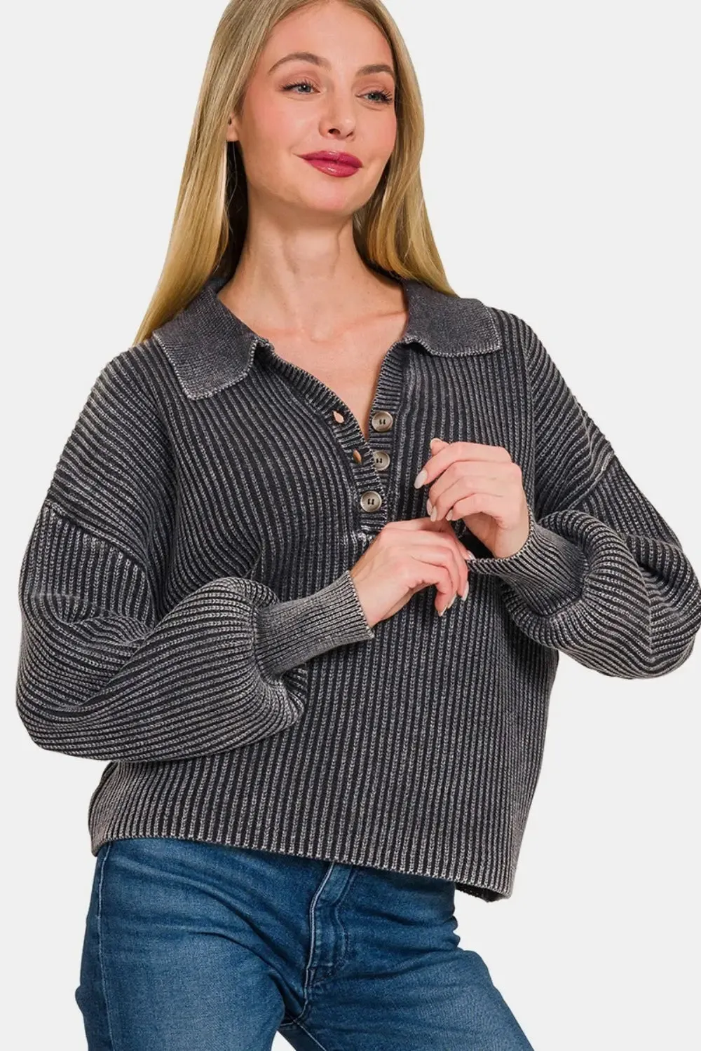 'Alexis' Washed Half Button Long Sleeve Sweater