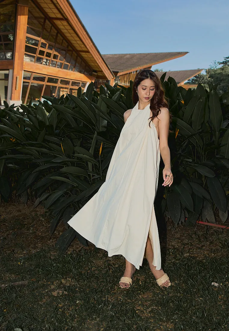 Amelia Beige Halter Self Tie Front Slit Midi Tent Dress