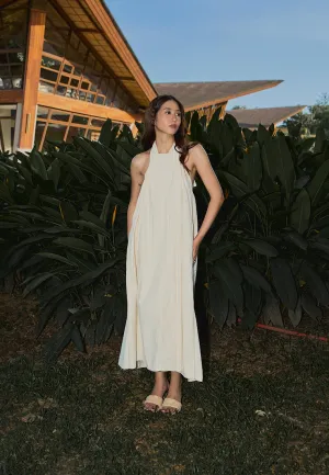 Amelia Beige Halter Self Tie Front Slit Midi Tent Dress
