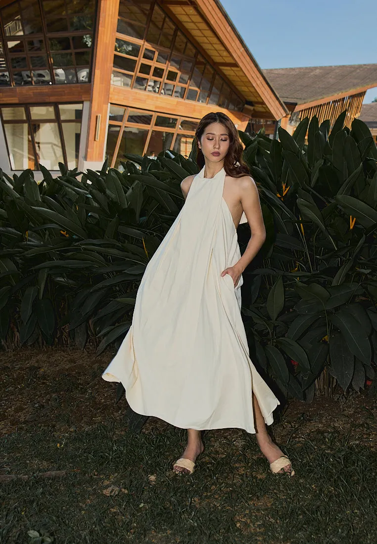 Amelia Beige Halter Self Tie Front Slit Midi Tent Dress