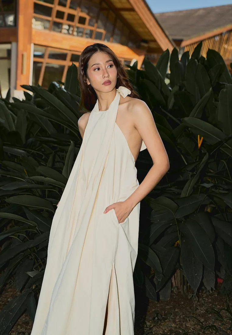 Amelia Beige Halter Self Tie Front Slit Midi Tent Dress