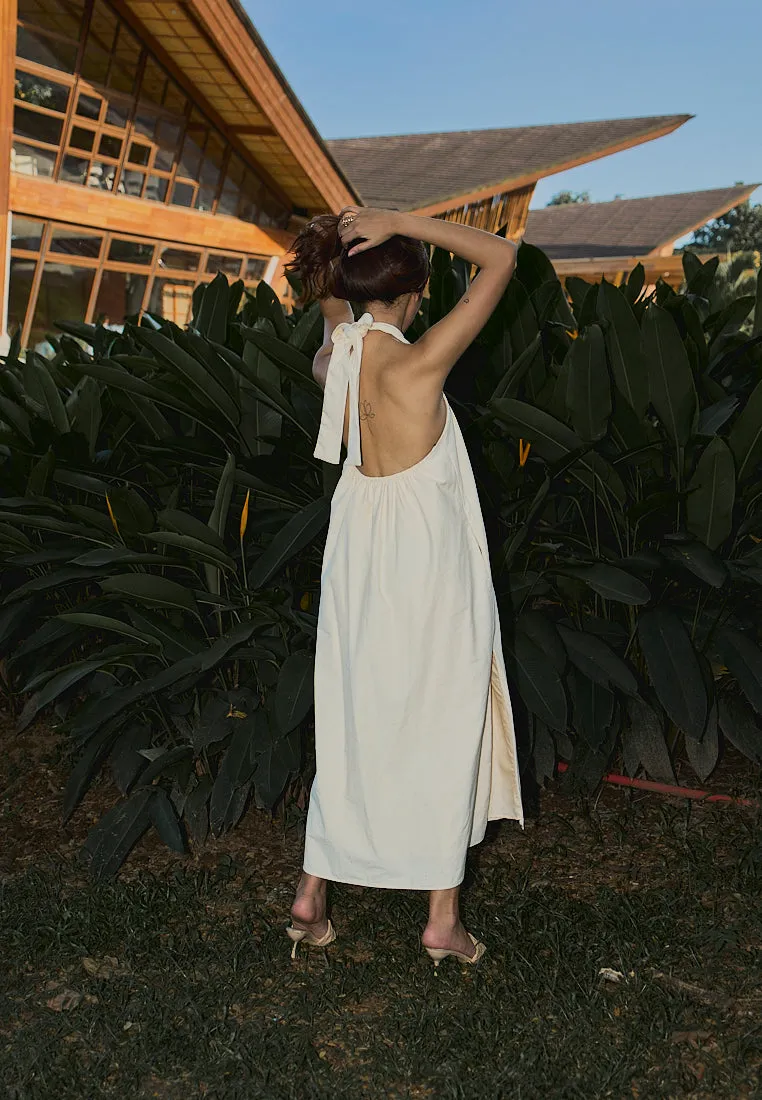 Amelia Beige Halter Self Tie Front Slit Midi Tent Dress