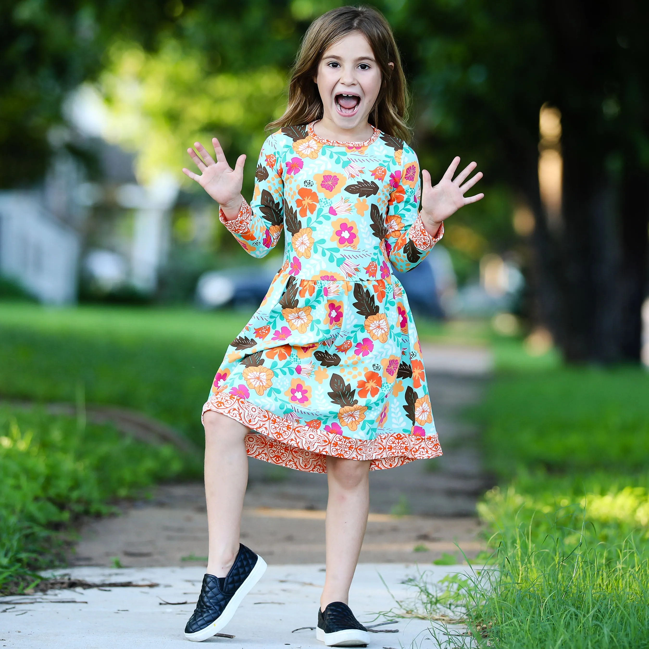 AnnLoren Little & Big Girls Boutique Autumn Leaves Floral Cotton Long Sleeve Dress sz 2/3T-11/12