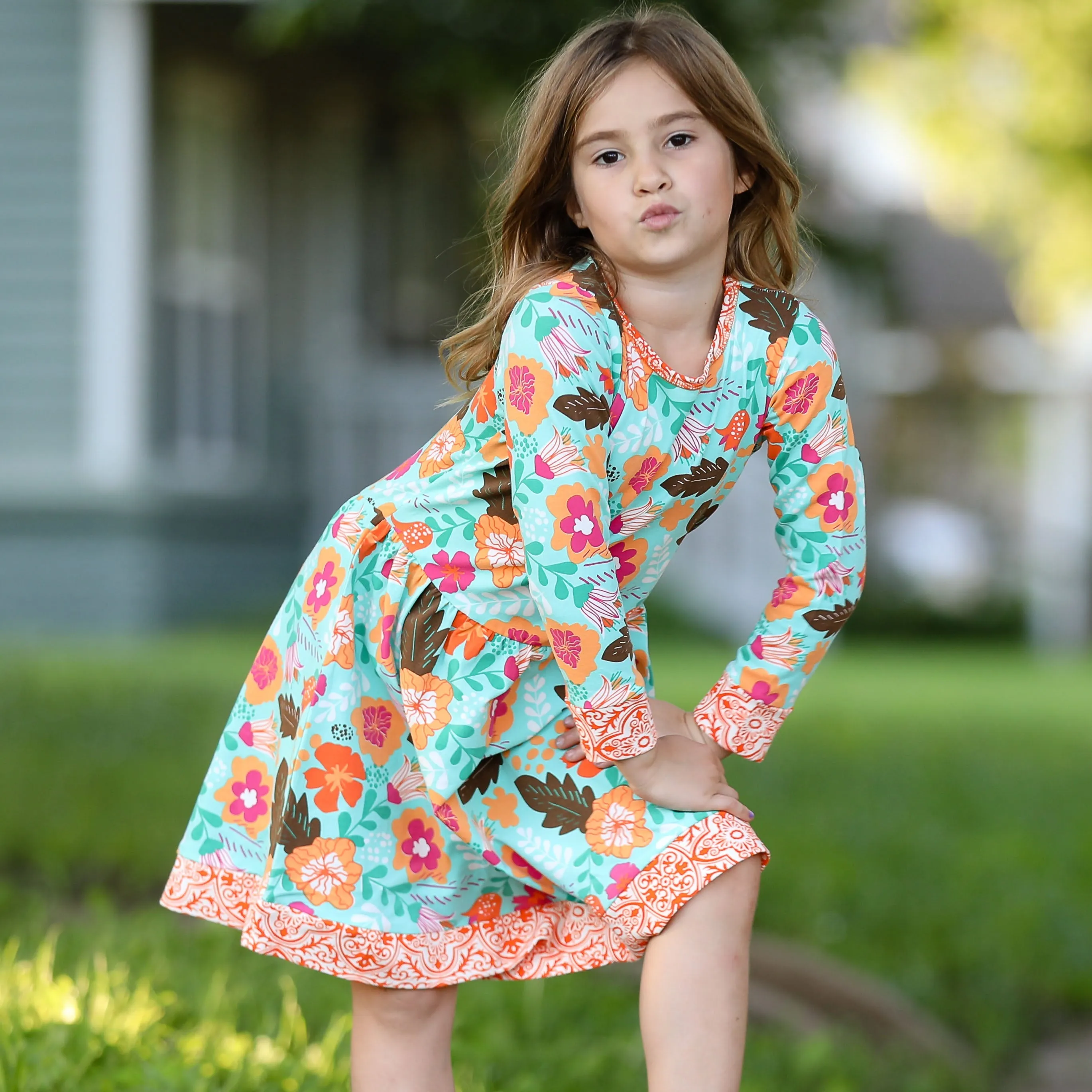 AnnLoren Little & Big Girls Boutique Autumn Leaves Floral Cotton Long Sleeve Dress sz 2/3T-11/12