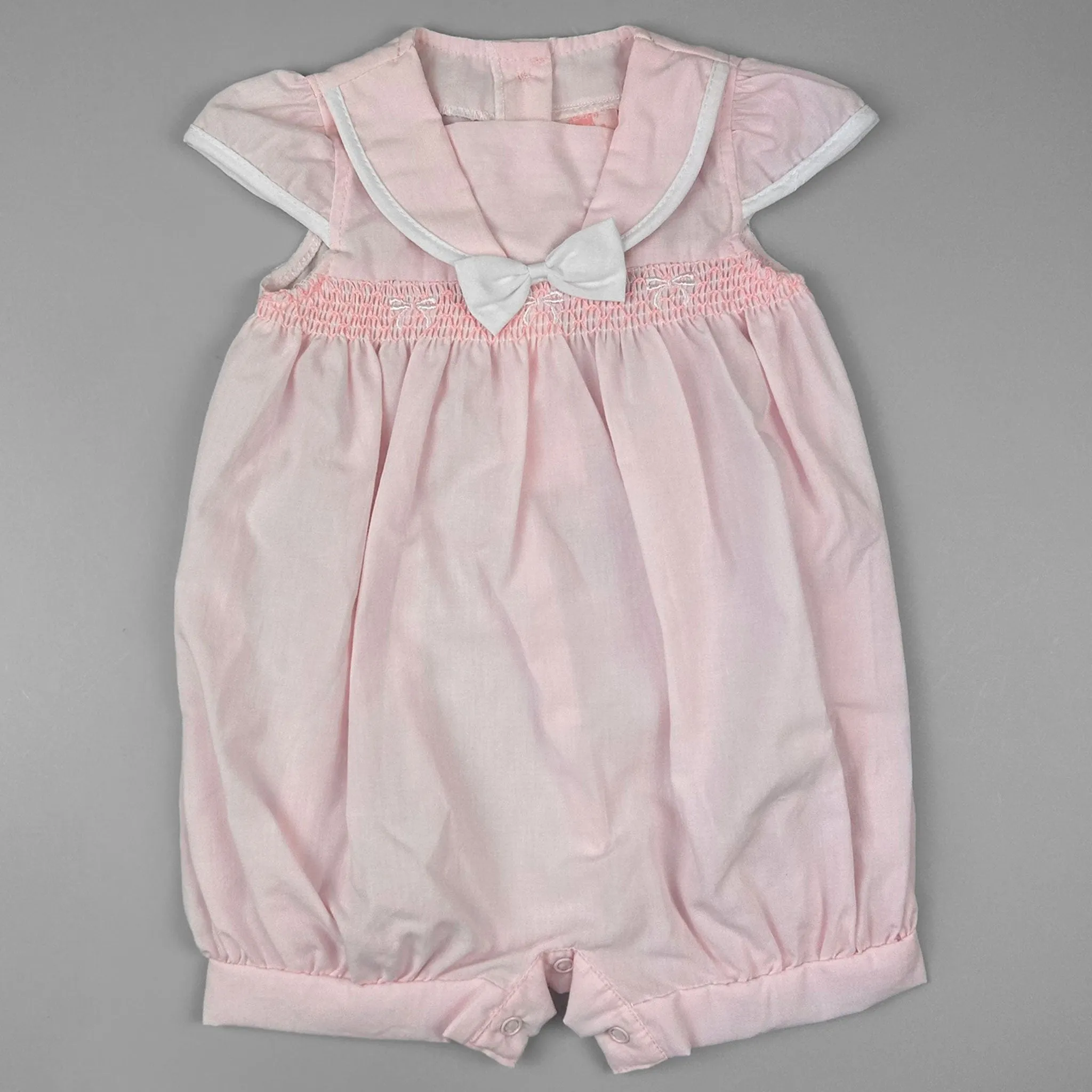 Baby Girl Pink Romper with Smocking, White Bow Embroidery & Sailor Collar