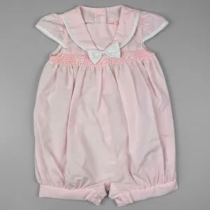 Baby Girl Pink Romper with Smocking, White Bow Embroidery & Sailor Collar