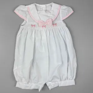 Baby Girl White Romper with Smocking, Pink Bow Embroidery & Sailor Collar