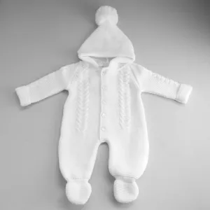 Baby Knitted All In One Pramsuit  - White