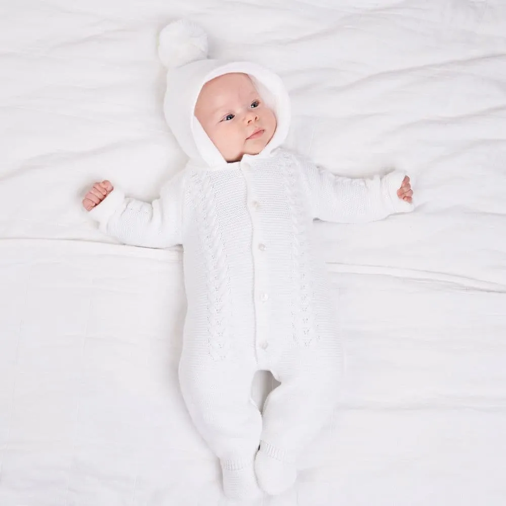 Baby Knitted All In One Pramsuit  - White