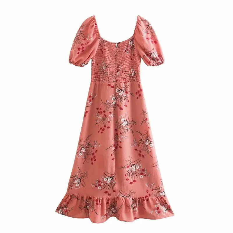 Backless Square Collar Elastic Waist Floral Midi Dresses
