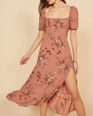 Backless Square Collar Elastic Waist Floral Midi Dresses