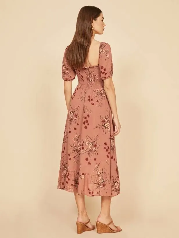 Backless Square Collar Elastic Waist Floral Midi Dresses