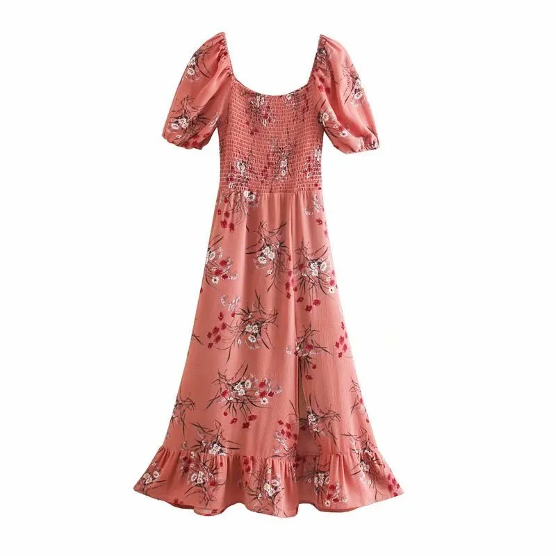 Backless Square Collar Elastic Waist Floral Midi Dresses