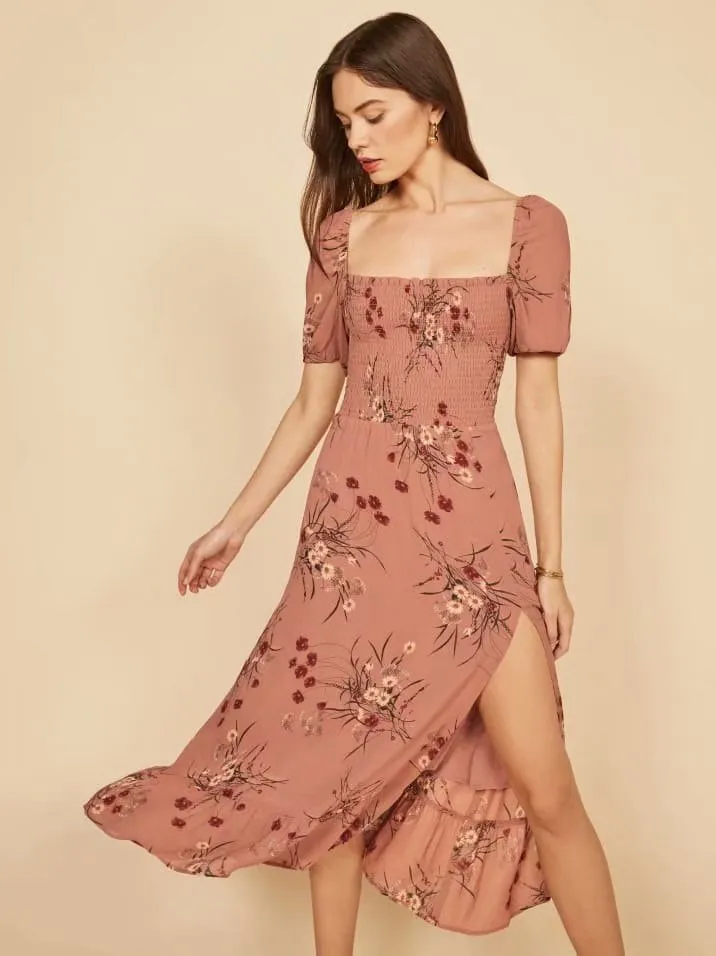 Backless Square Collar Elastic Waist Floral Midi Dresses