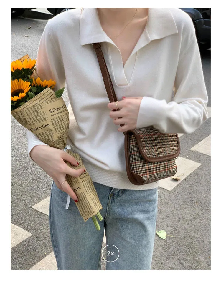 Basic Colors Turn Down Collar Long Sleeve Sweater