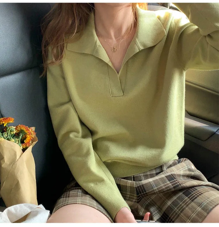 Basic Colors Turn Down Collar Long Sleeve Sweater