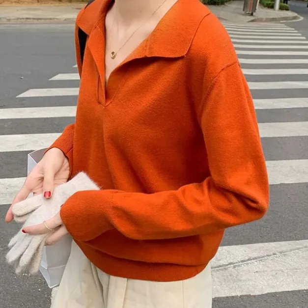 Basic Colors Turn Down Collar Long Sleeve Sweater