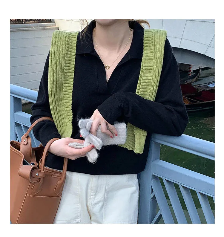 Basic Colors Turn Down Collar Long Sleeve Sweater