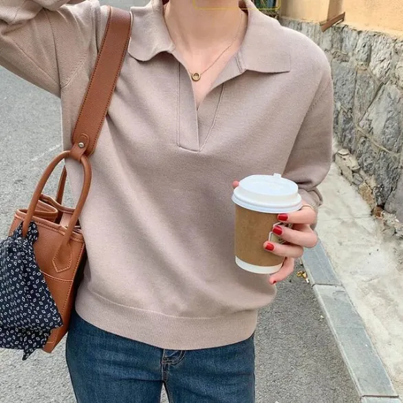 Basic Colors Turn Down Collar Long Sleeve Sweater