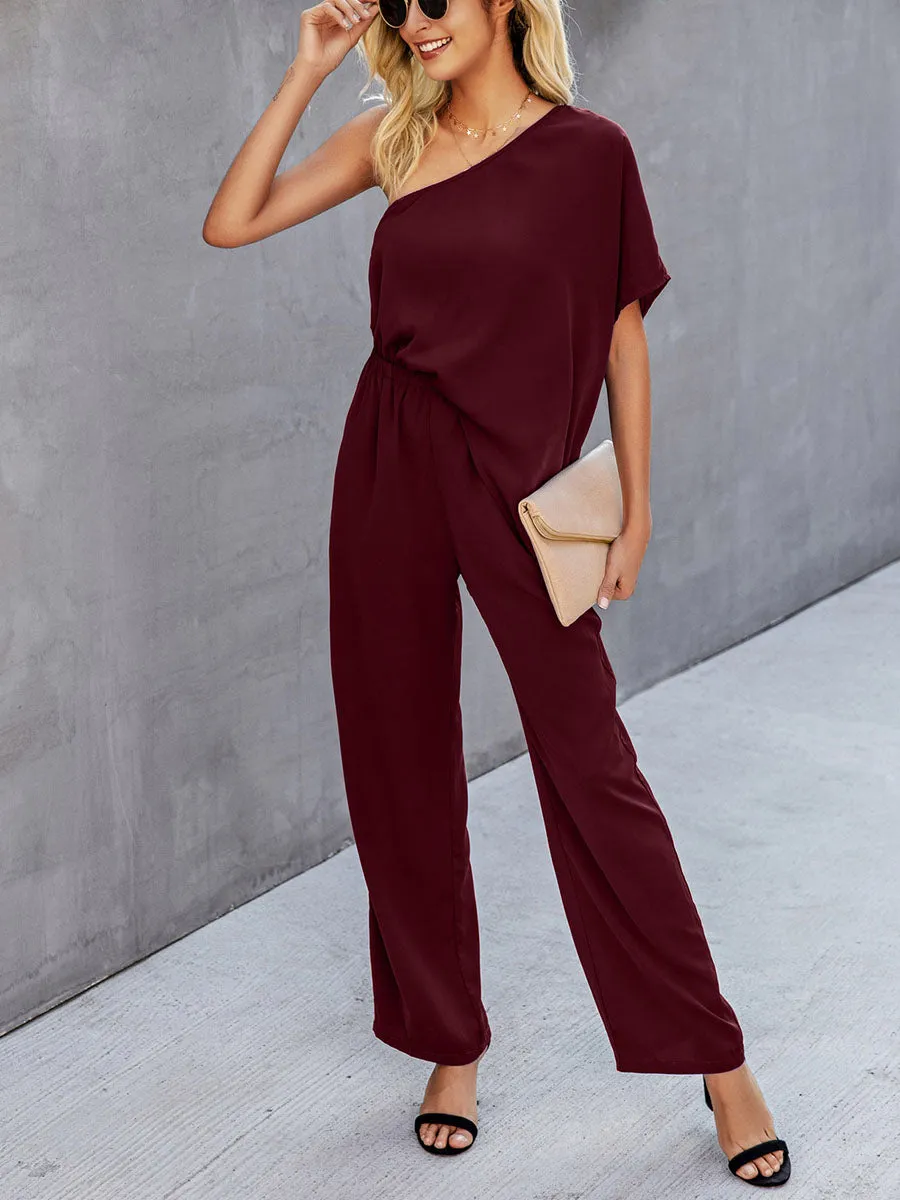 Bat Sleeve One-shoulder Solid Jumpsuit