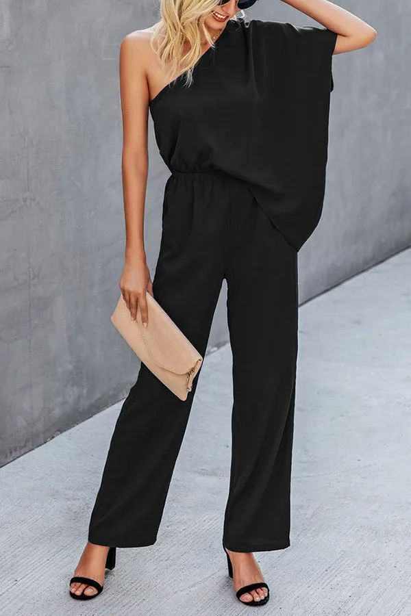 Bat Sleeve One-shoulder Solid Jumpsuit