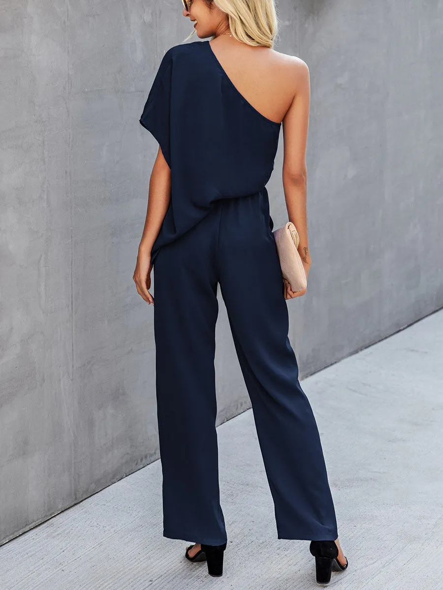 Bat Sleeve One-shoulder Solid Jumpsuit