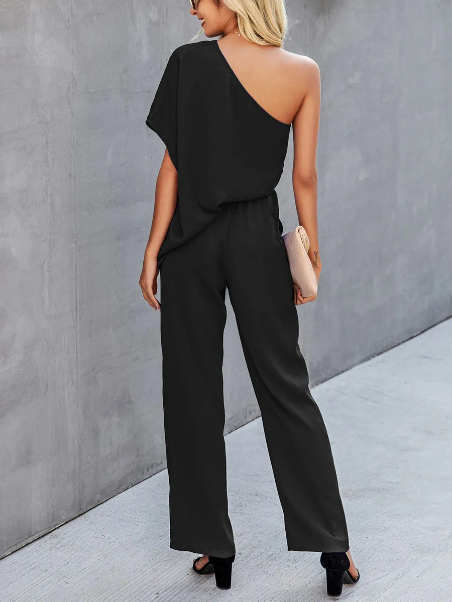 Bat Sleeve One-shoulder Solid Jumpsuit
