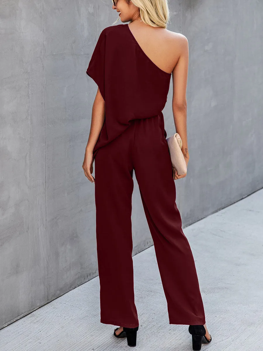 Bat Sleeve One-shoulder Solid Jumpsuit
