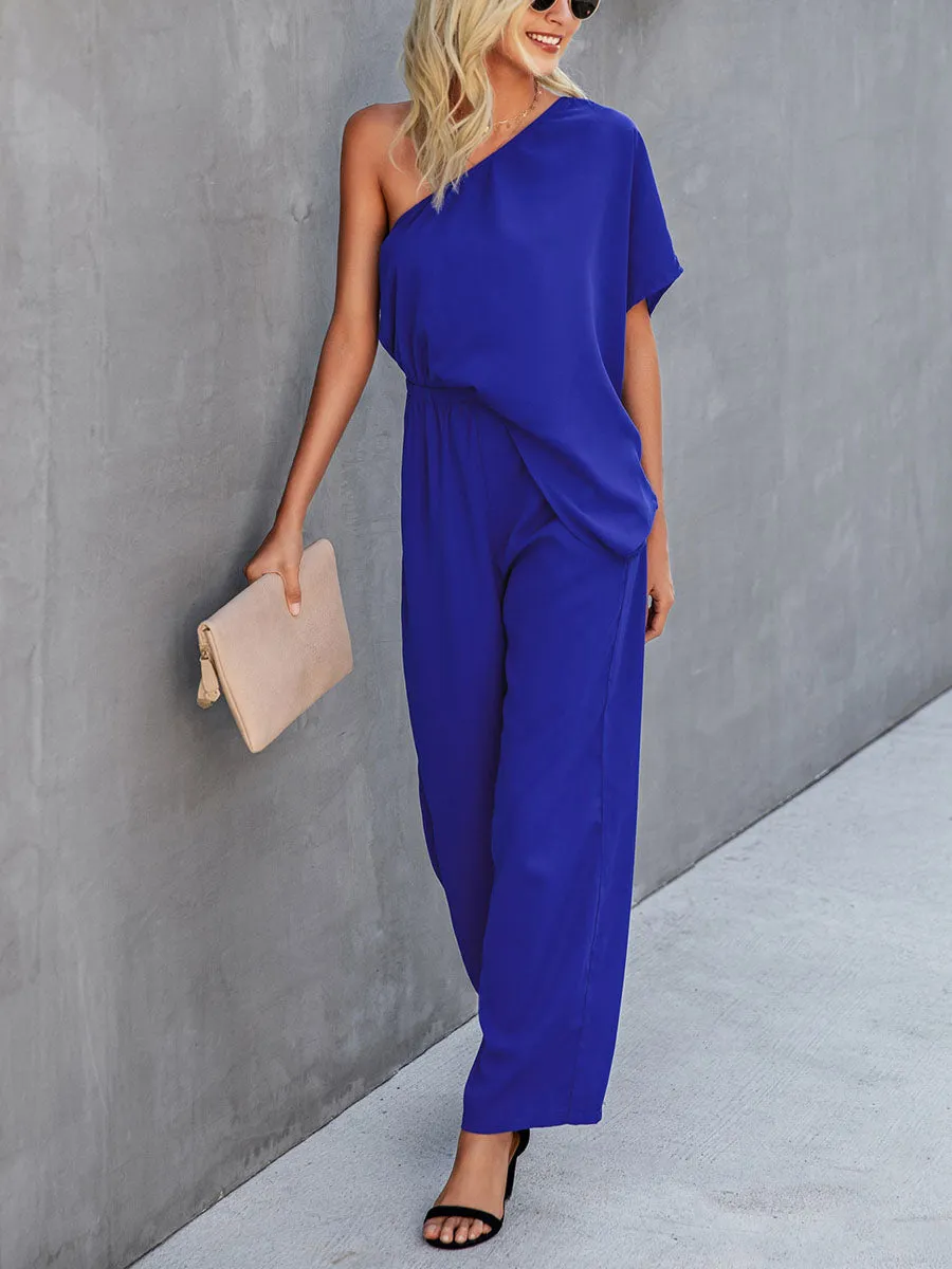 Bat Sleeve One-shoulder Solid Jumpsuit