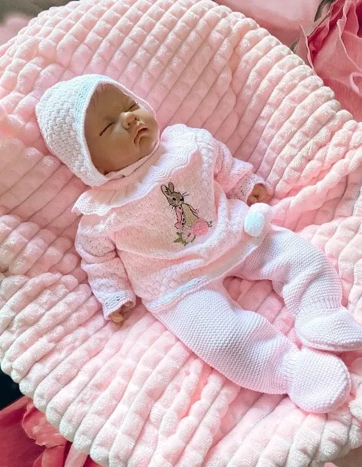 Beatrix Flopsy Bunny Baby Girls 3 Piece spanish style knitted  set with bonnet