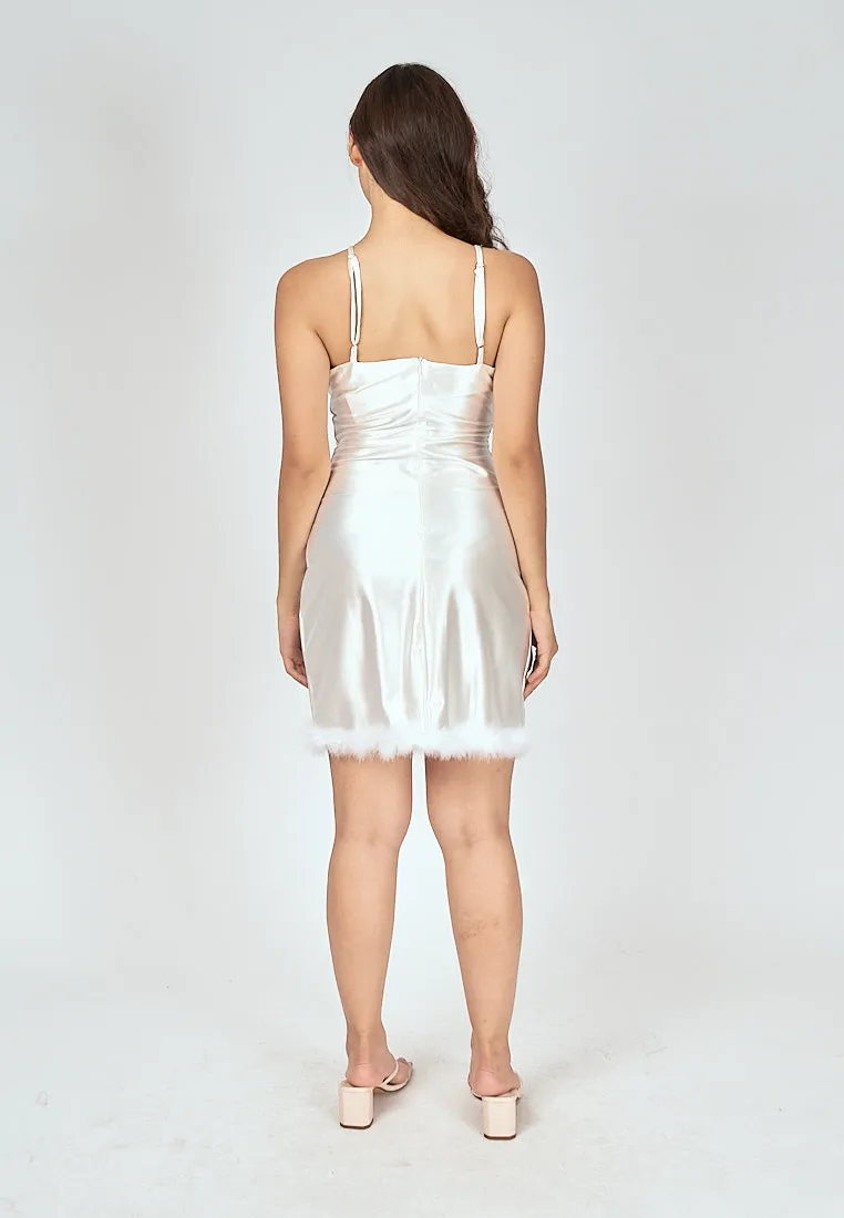 Bella White V Neck Sleeveless Zipper Back Furr Hem Mini Dress
