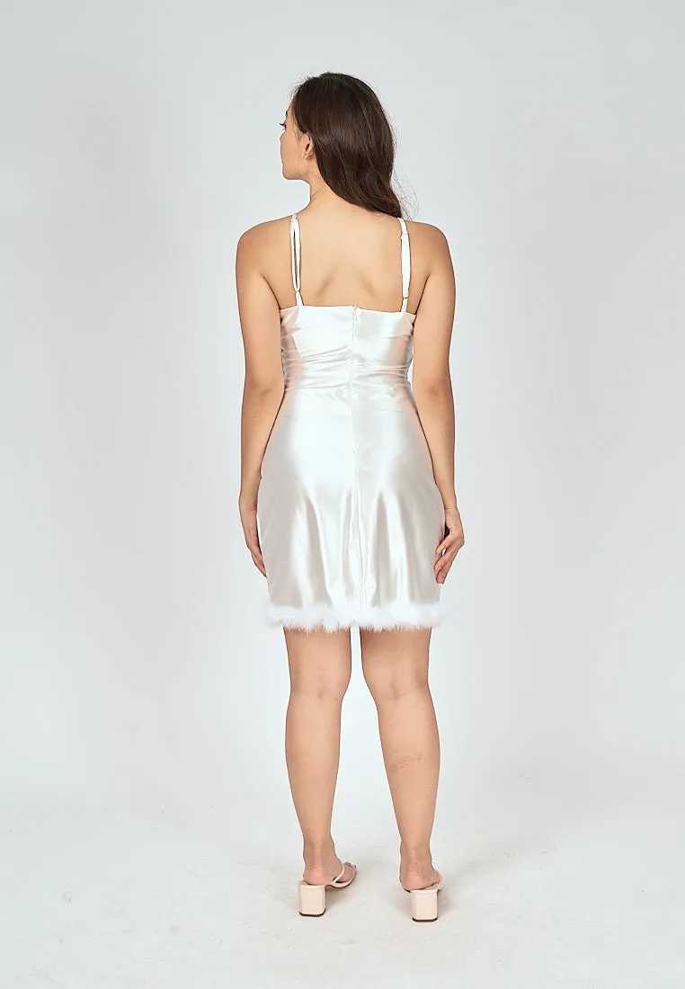 Bella White V Neck Sleeveless Zipper Back Furr Hem Mini Dress