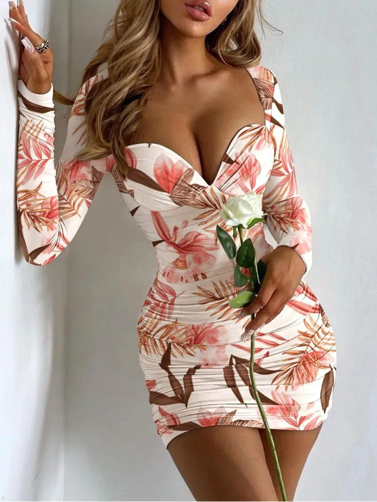 BerryBetty - Elegant Bodycon Short Dress Women Sexy Ruched Deep V Neck White Party Dresses Autumn Casual Fashion Floral Print Dress