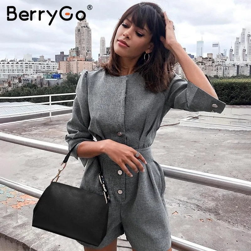 BerryGo Button blazer winter jumpsuit women overalls Office ladies jumpsuits rompers Female short one piece autumn work playsuit