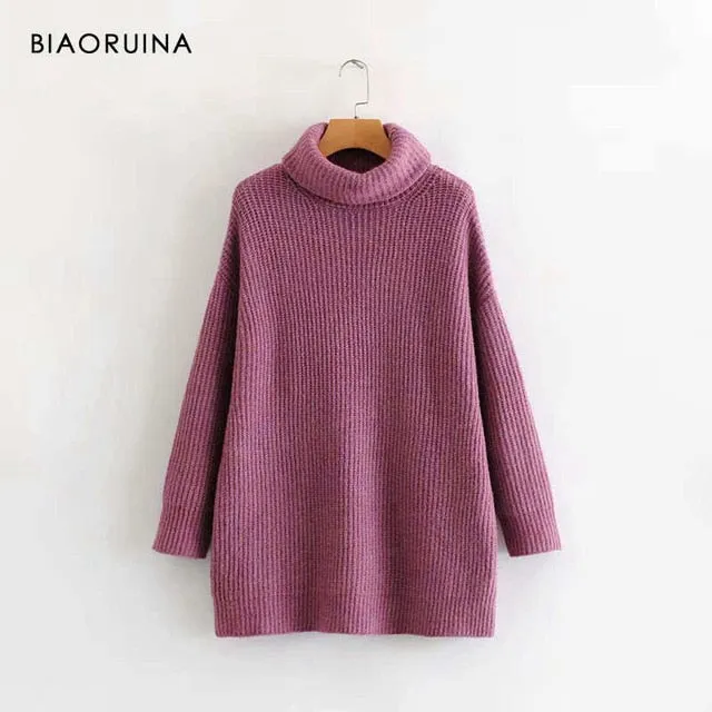 BIAORUINA Women Oversize Basic Knitted Turtleneck Sweater Female Solid Turtleneck Collar Pullovers Warm 2020 New Arrival
