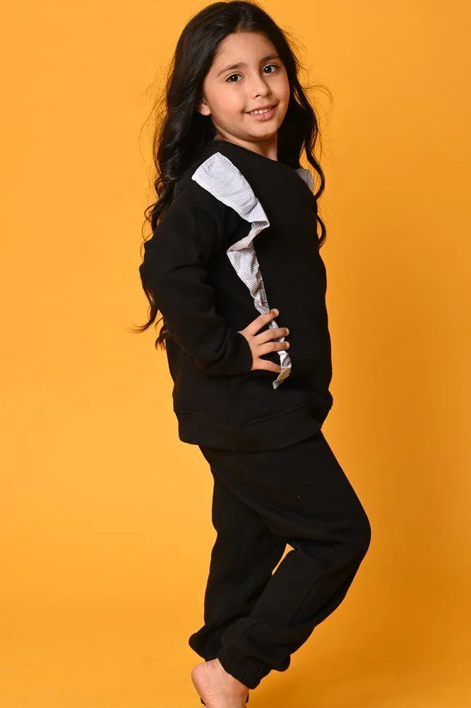 BLACK PINSTRIPE FLEECE SWEATSHIRT JOGGER SET - BLACK